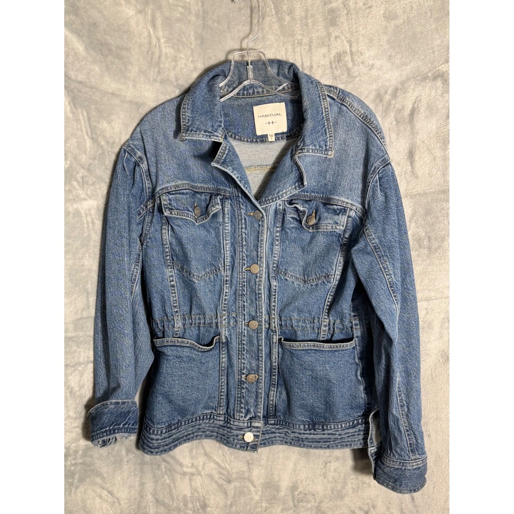 Habitual Womens Medium Wash Denim Utility Jacket Elastic Waist Blue oversized S